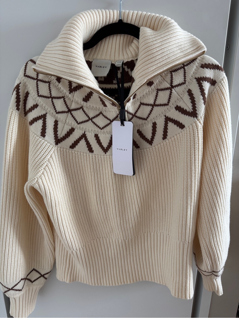 NEW W TAGS Varley Cream and Brown Zip-Turtleneck Fair Isle Sweater XXS